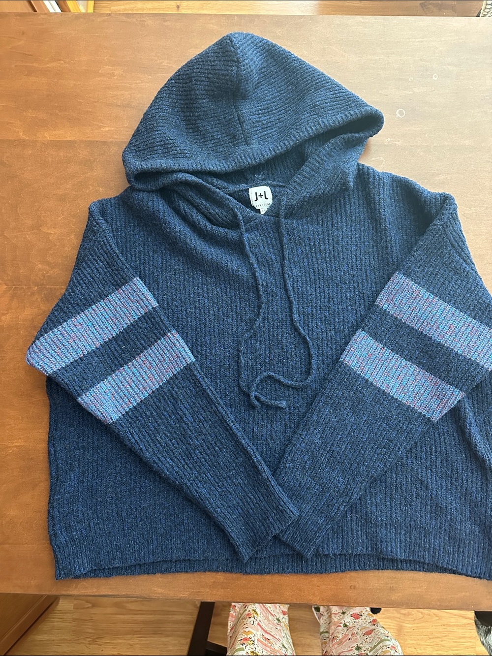 John + Jenn Navy Hooded Sweater with Striped Sleeves
